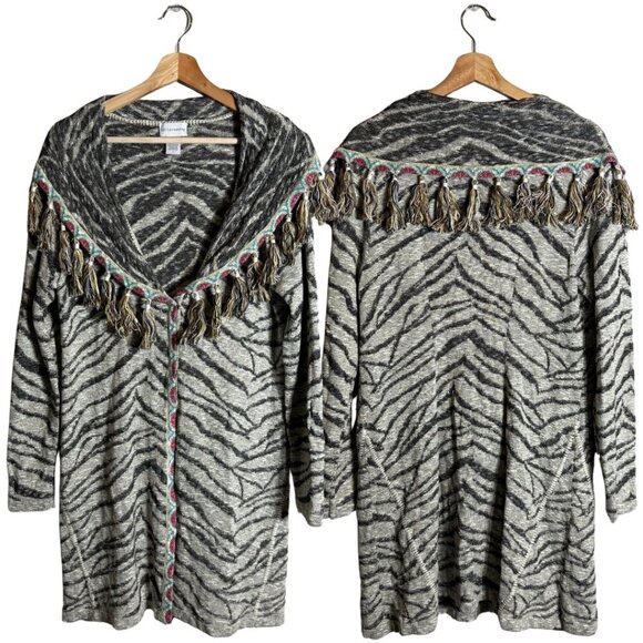 Soft Surroundings Zebra Print Fringe Knit Cardigan Sweater Women's Medium Shawl - Picture 1 of 13